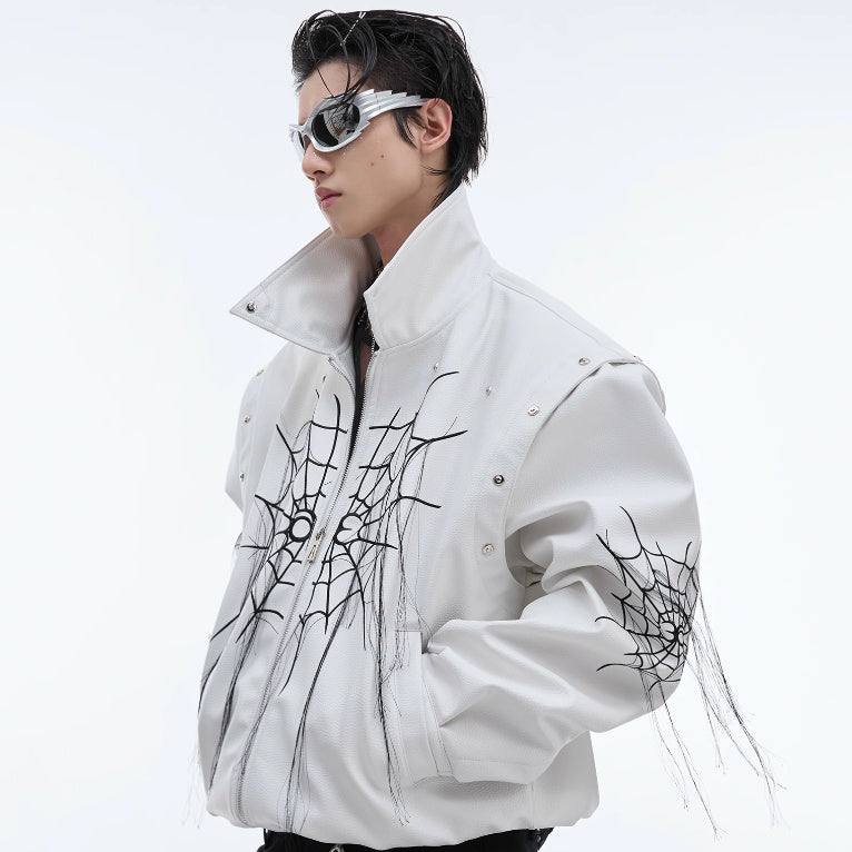 Spider Web Tassel Faux-Leather Jacket
