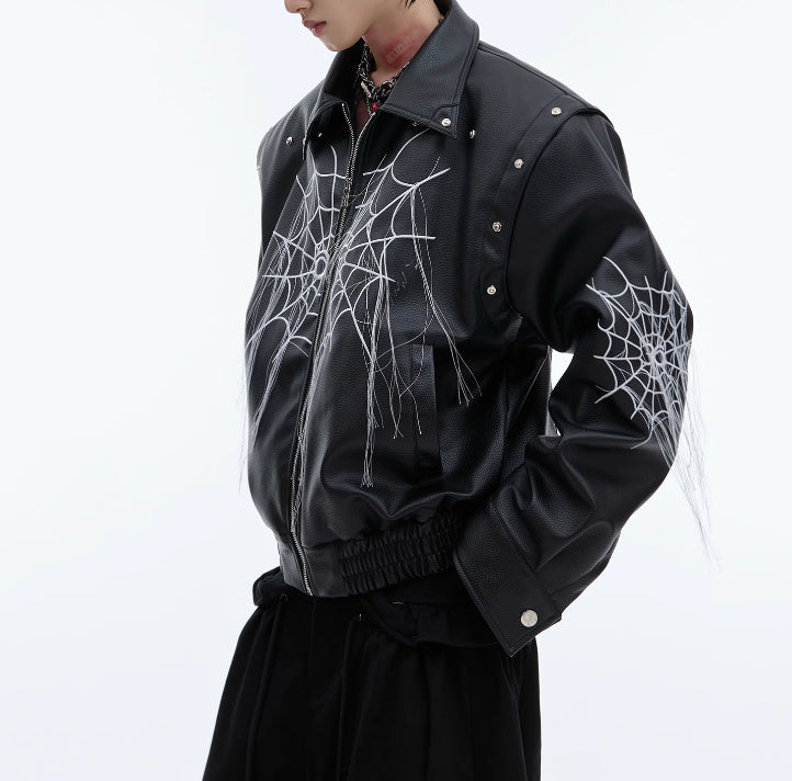 Spider Web Tassel Faux-Leather Jacket